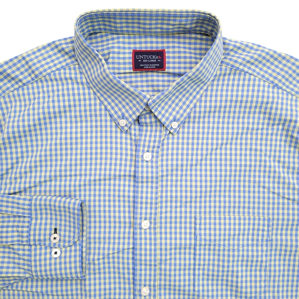 UNTUCKit Shirt Mens 2XL Blue Yellow Check Performance Nylon Button Up Albarei